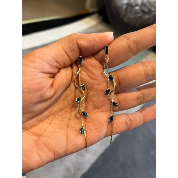 navy blue earrings gold chandelier, dark blue wedding crystal  blue earrings - Picture 1 of 8